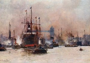 テムズ川、プール、タワーブリッジ 作： Charles Edward Dixon
